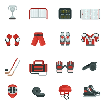 Hockey attribution clothes equipment and accessories skates puck and putter flat color icon set isolated vector illustration