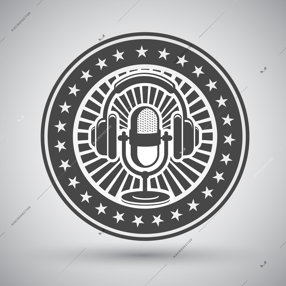 Decorative retro microphone and headphones emblem isolated vector illustration