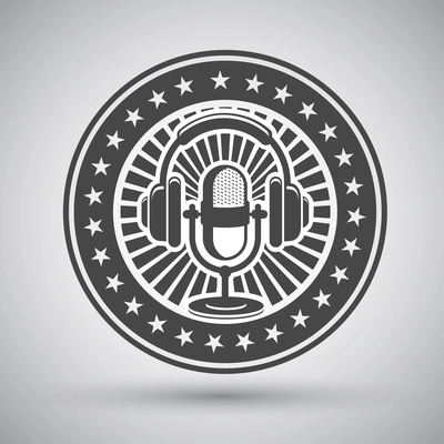 Decorative retro microphone and headphones emblem isolated vector illustration