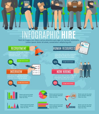 Human resources personnel recruitment and hiring strategy infographics report with  statistic charts and diagrams abstract vector illustration