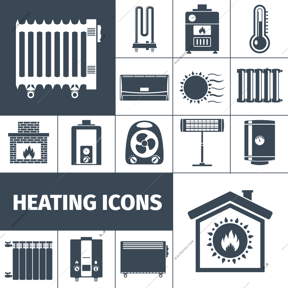 Heating devices boiler radiator fireplace warm home flat black silhouette decorative icon set isolated vector illustration