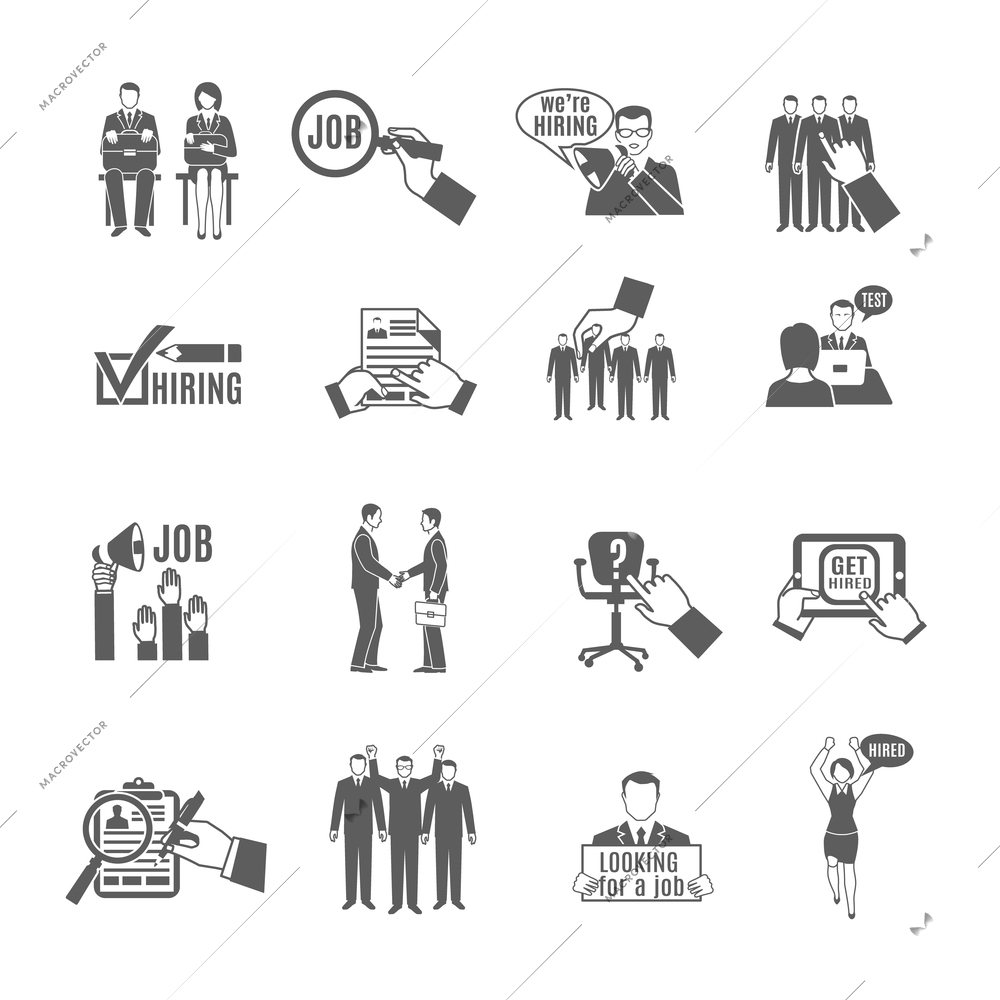 Hire for a job and staff hunting black icons set isolated vector illustration