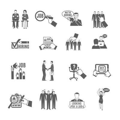 Hire for a job and staff hunting black icons set isolated vector illustration