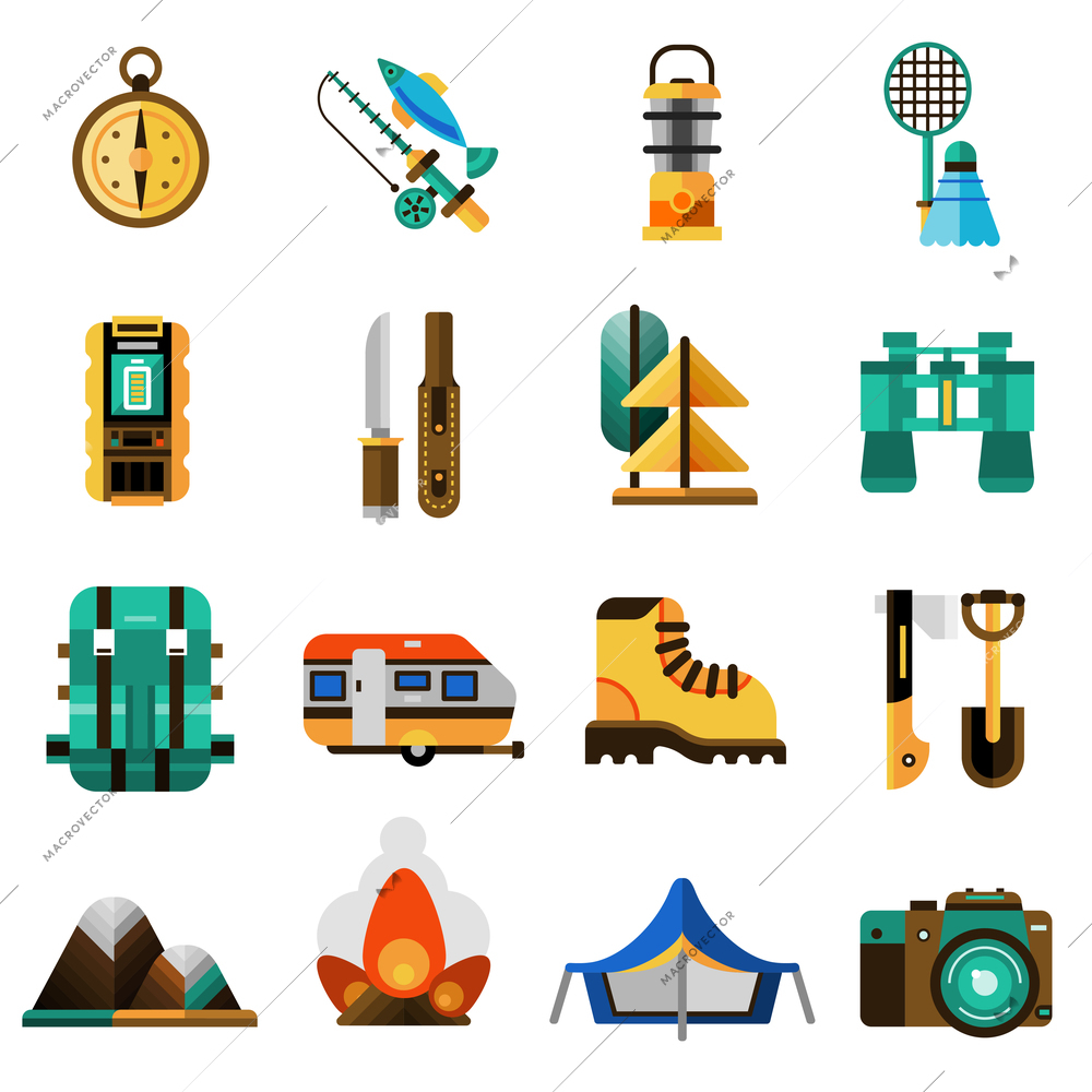 Camping and rest icons set with tent trailer and camera flat isolated vector illustration