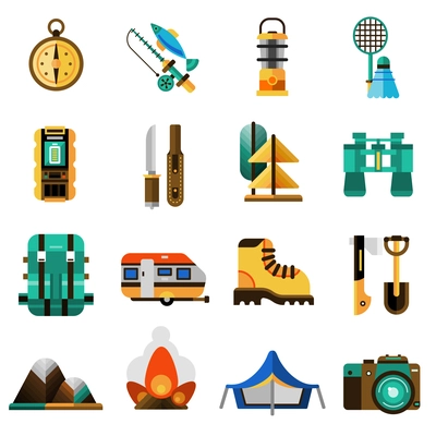 Camping and rest icons set with tent trailer and camera flat isolated vector illustration