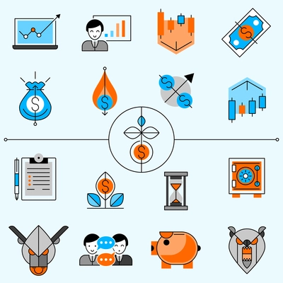 Investment and banking line icons set with diagrams and arrows flat isolated  vector illustration