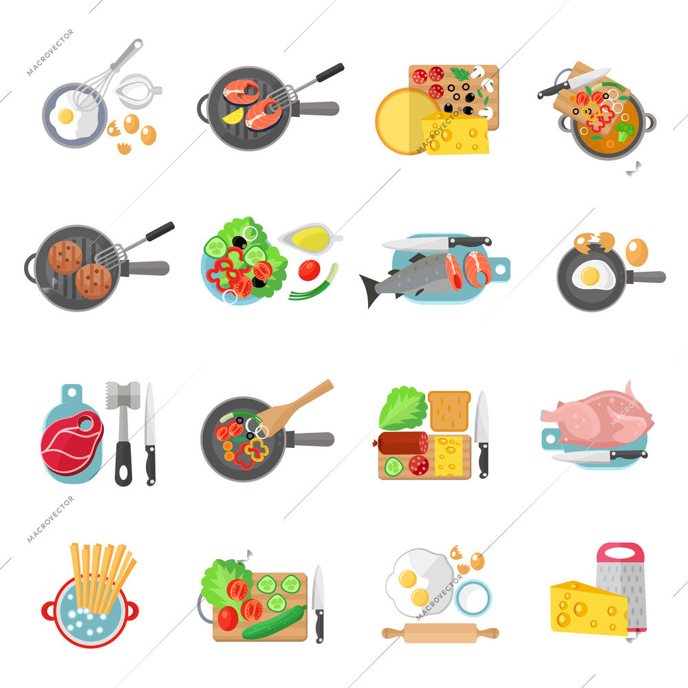 Home cooking healthy food flat pictograms collection of meat salads and fish dishes abstract isolated vector illustration