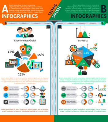 A-b testing infographics set with choice and comparison symbols and charts vector illustration