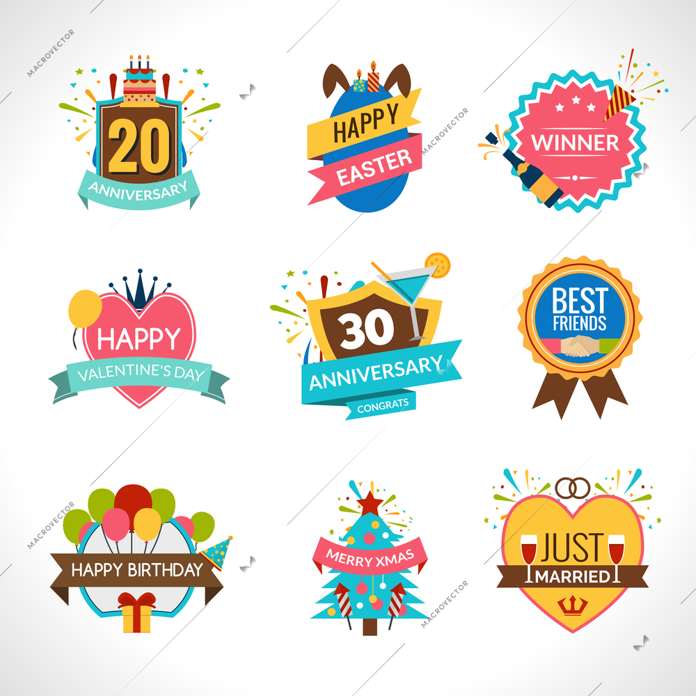 Celebration festives holidays and anniversaries emblems set isolated vector illustration