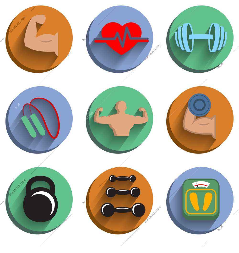 Fitness bodybuilding sport icons set of heart rate physical strength slimness isolated vector illustration