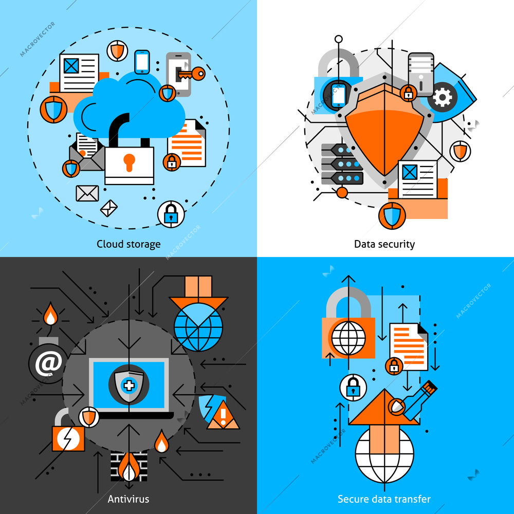 Data security and storage line icons set with cloud antivirus and transfer flat isolated  vector illustration