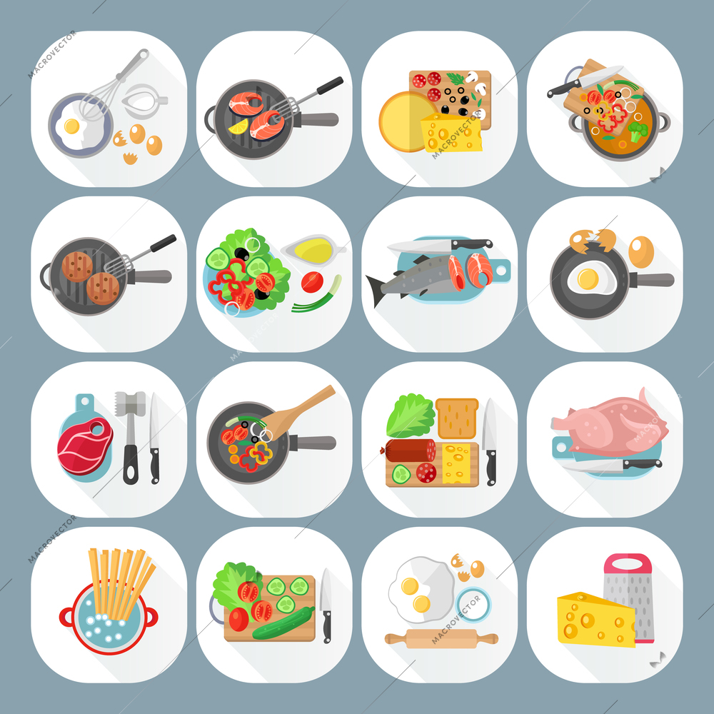 Home cooking day menu flat icons set with vegetables cheese eggs and meat dishes abstract isolated vector illustration. Editable EPS and Render in JPG format