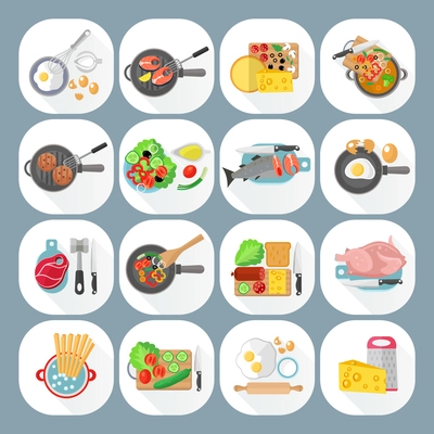 Home cooking day menu flat icons set with vegetables cheese eggs and meat dishes abstract isolated vector illustration. Editable EPS and Render in JPG format