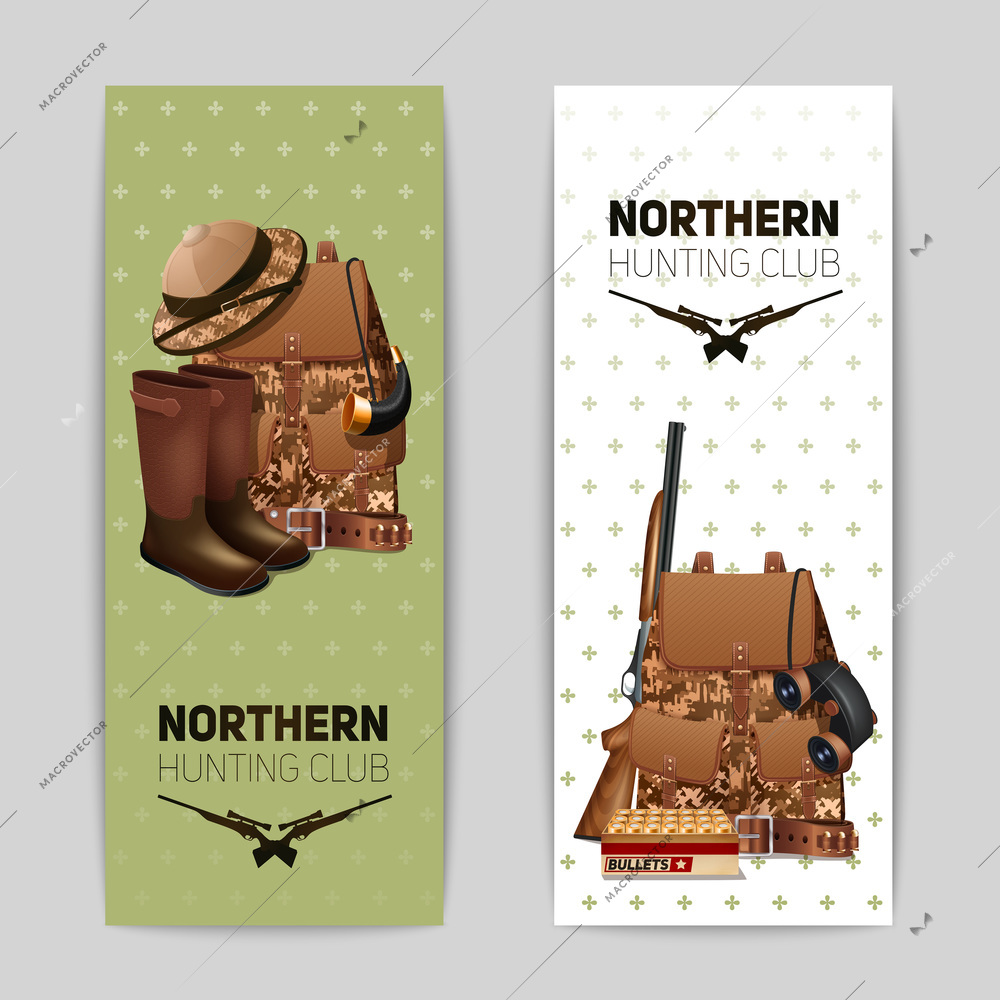 Hunting banners vertical set with realistic backpack rifle and hunter boots isolated vector illustration