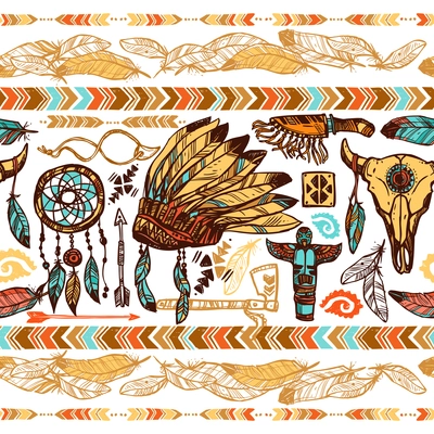 Native american style feathers ornaments tambourine war bonnet and totems color seamless pattern vector illustration