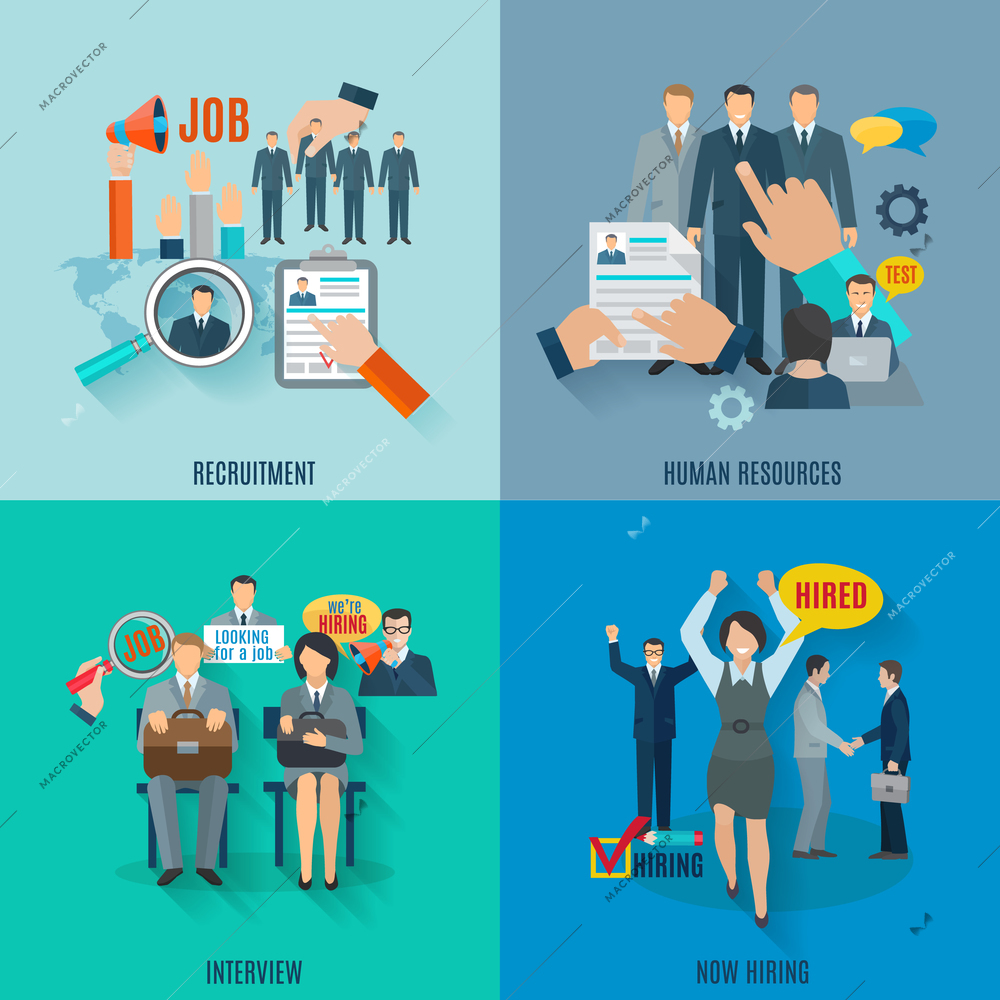 Hire design concept set with human resources recruitment flat icons isolated vector illustration