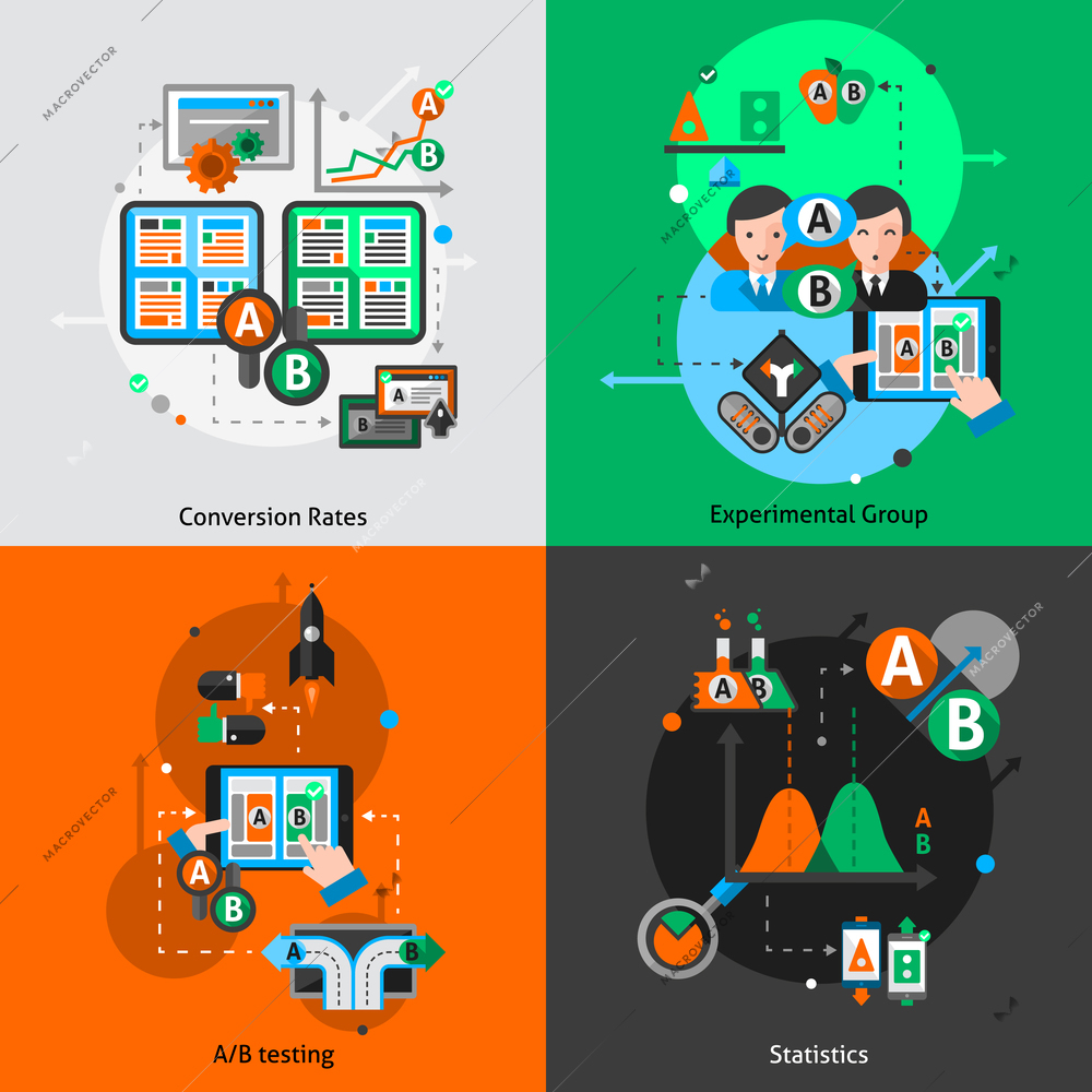 A-b testing design concept set with convertion rates experimental group and statistics elements isolated vector illustration