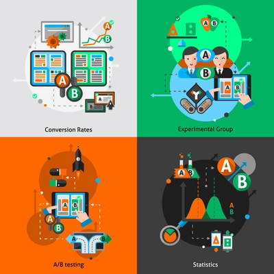 A-b testing design concept set with convertion rates experimental group and statistics elements isolated vector illustration