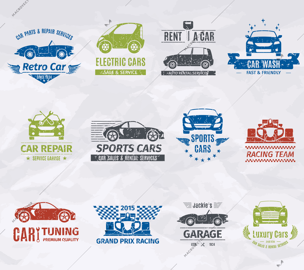 Sport racing car team logo stamps set isolated vector illustration