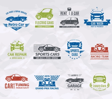 Sport racing car team logo stamps set isolated vector illustration