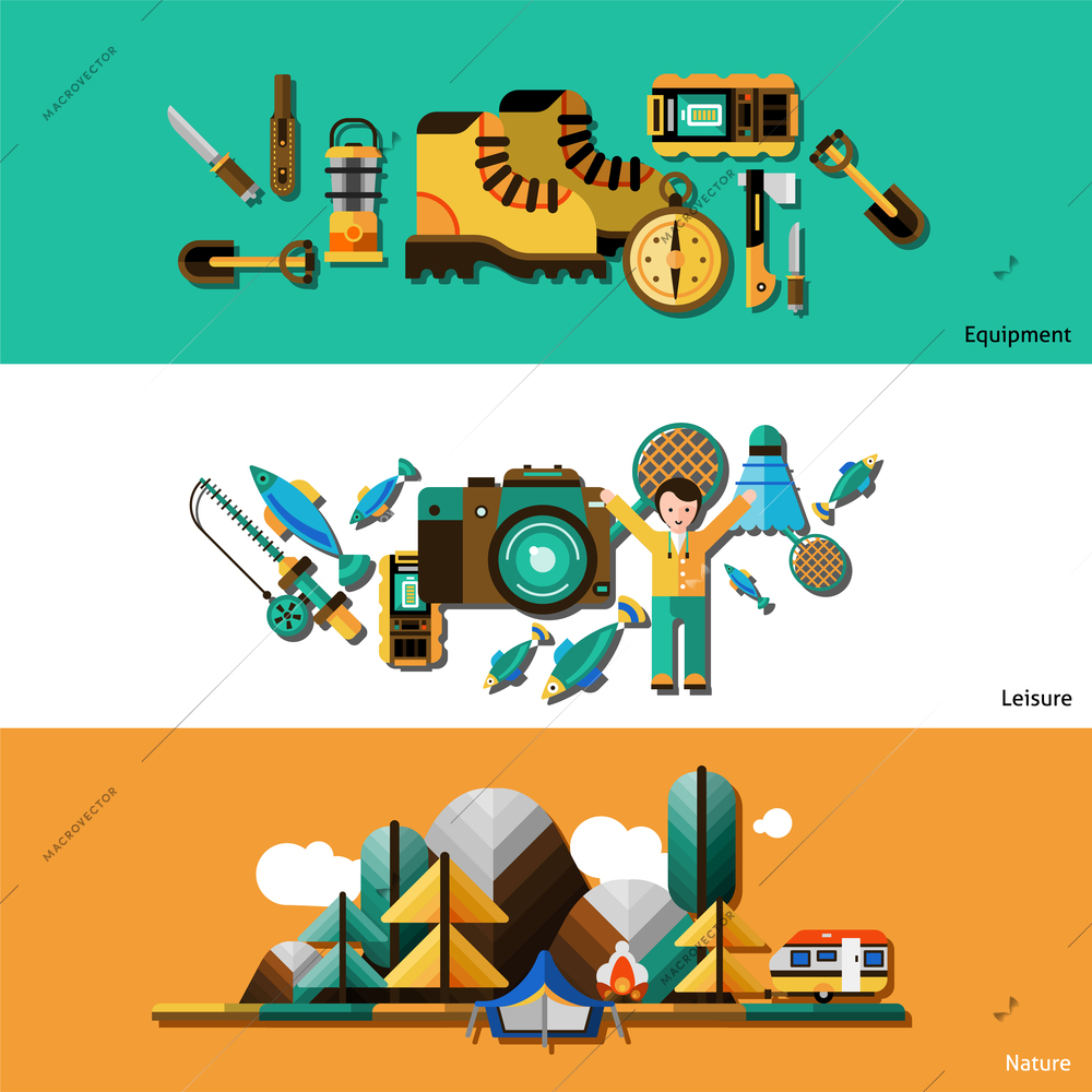 Camping and nature horizontal banners set with equipment and leisure flat isolated vector illustration