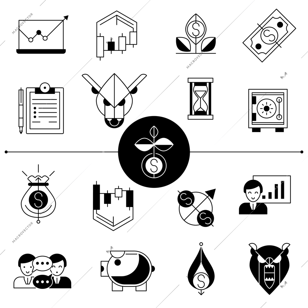 Investment and stock line black white icons set with money and safe flat  isolated vector illustration