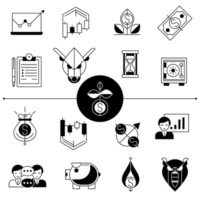 Investment and stock line black white icons set with money and safe flat  isolated vector illustration