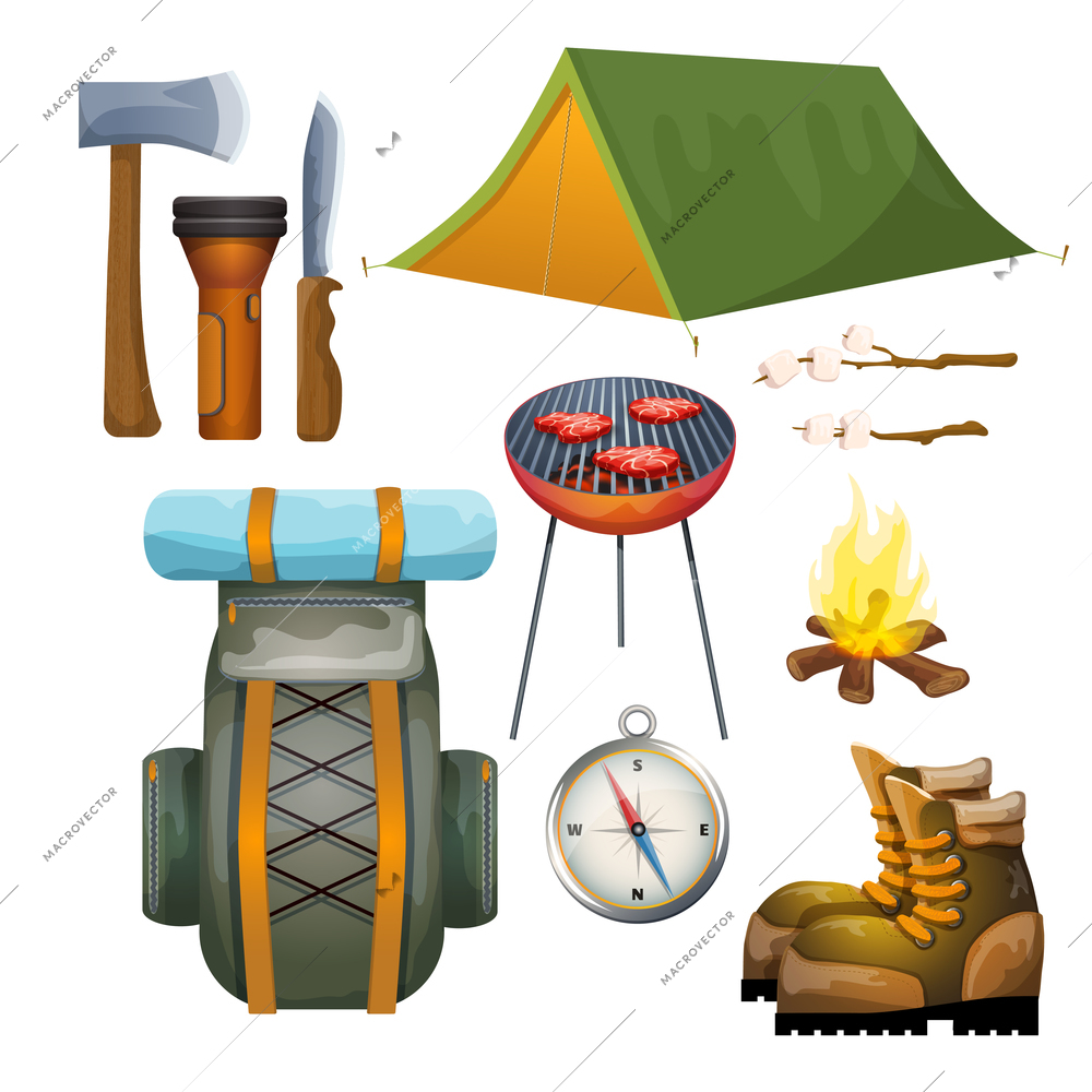 Summer vacation outdoor camping gear and accessories pictograms collection with backpack and campfire fuel abstract vector illustration