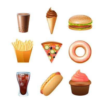 Fast food  restaurant menu icons collection with donut cupcake and double cheeseburger abstract color isolated vector illustration