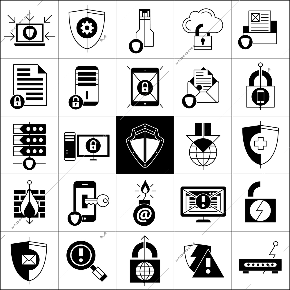 Data protection line black white icons set with shields locks and mail flat isolated  vector illustration