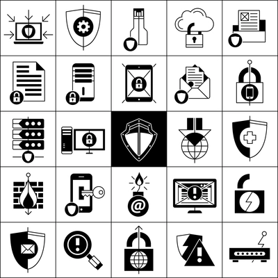 Data protection line black white icons set with shields locks and mail flat isolated  vector illustration