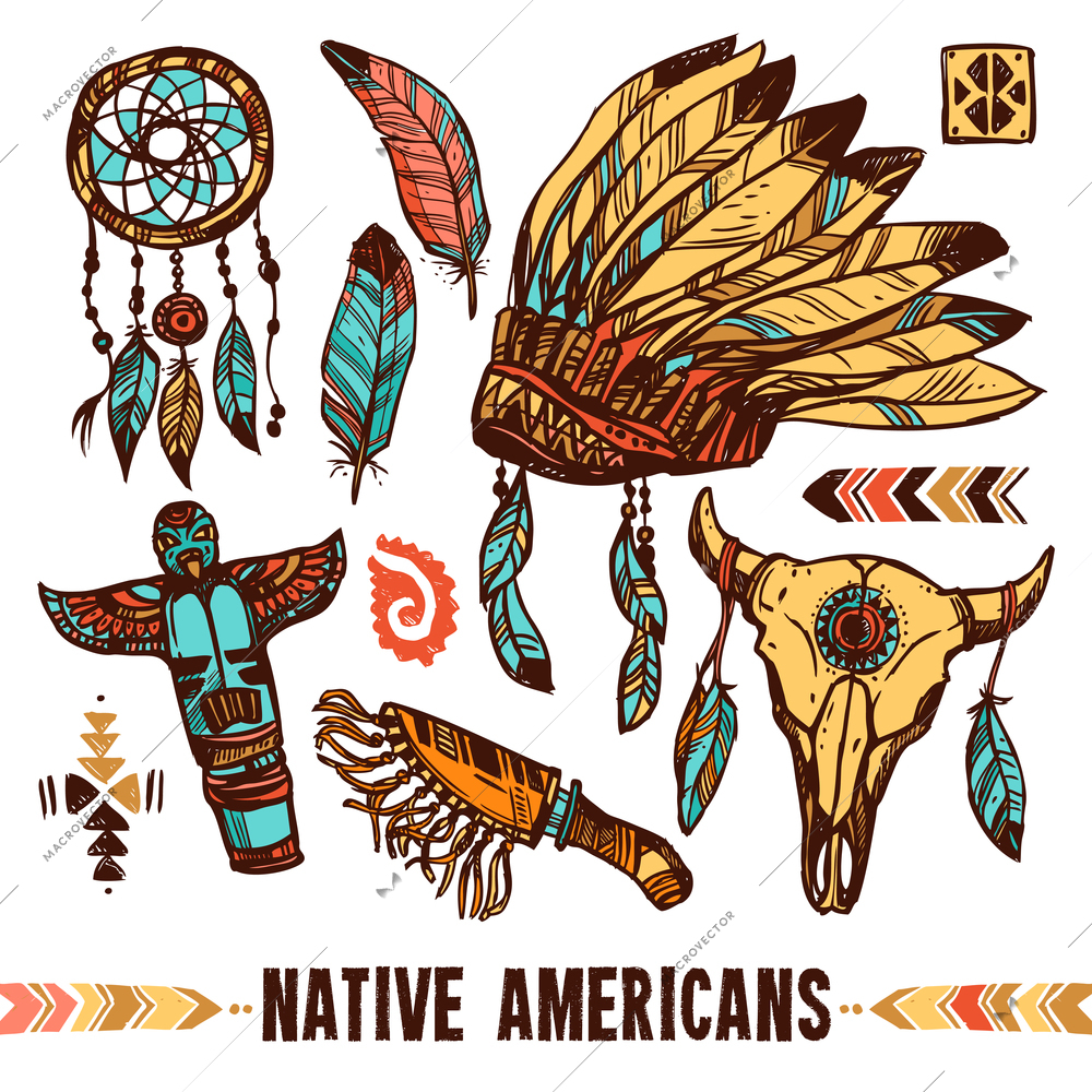 Native american style skull tambourine war bonnet with feathers color decorative icon set isolated vector illustration