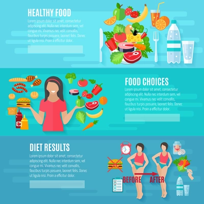 Healthy food choice weight loss diet before and after result flat banners set abstract isolated vector illustration