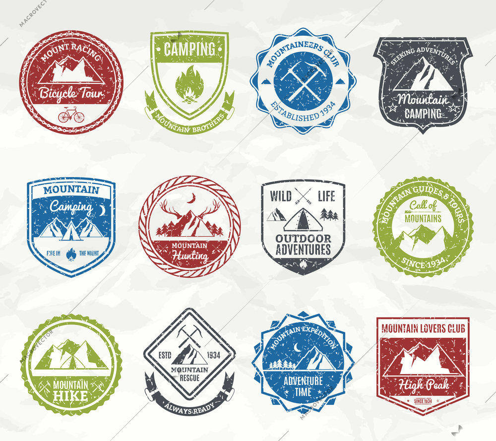 Mountain exploration and wild nature adventure stamps set isolated vector illustration