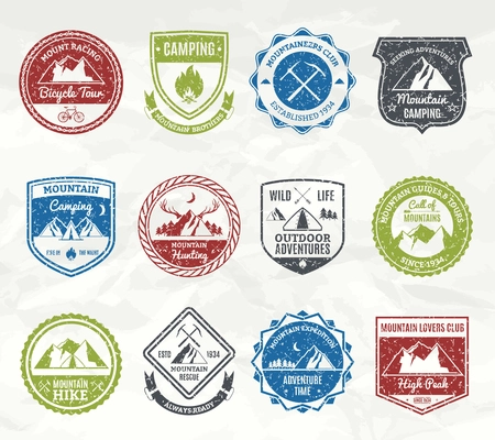 Mountain exploration and wild nature adventure stamps set isolated vector illustration