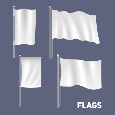 Realistic blank white waving flags and banners set isolated vector illustration