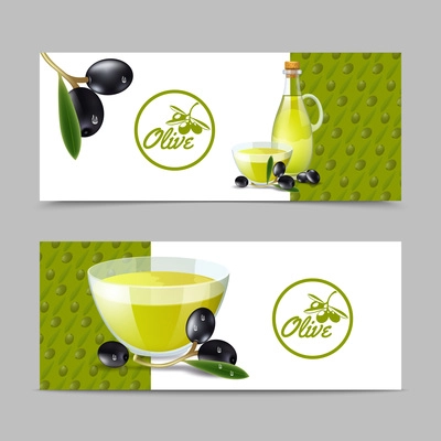 Olive oil horizontal banner set with tree branch and fruits isolated vector illustration