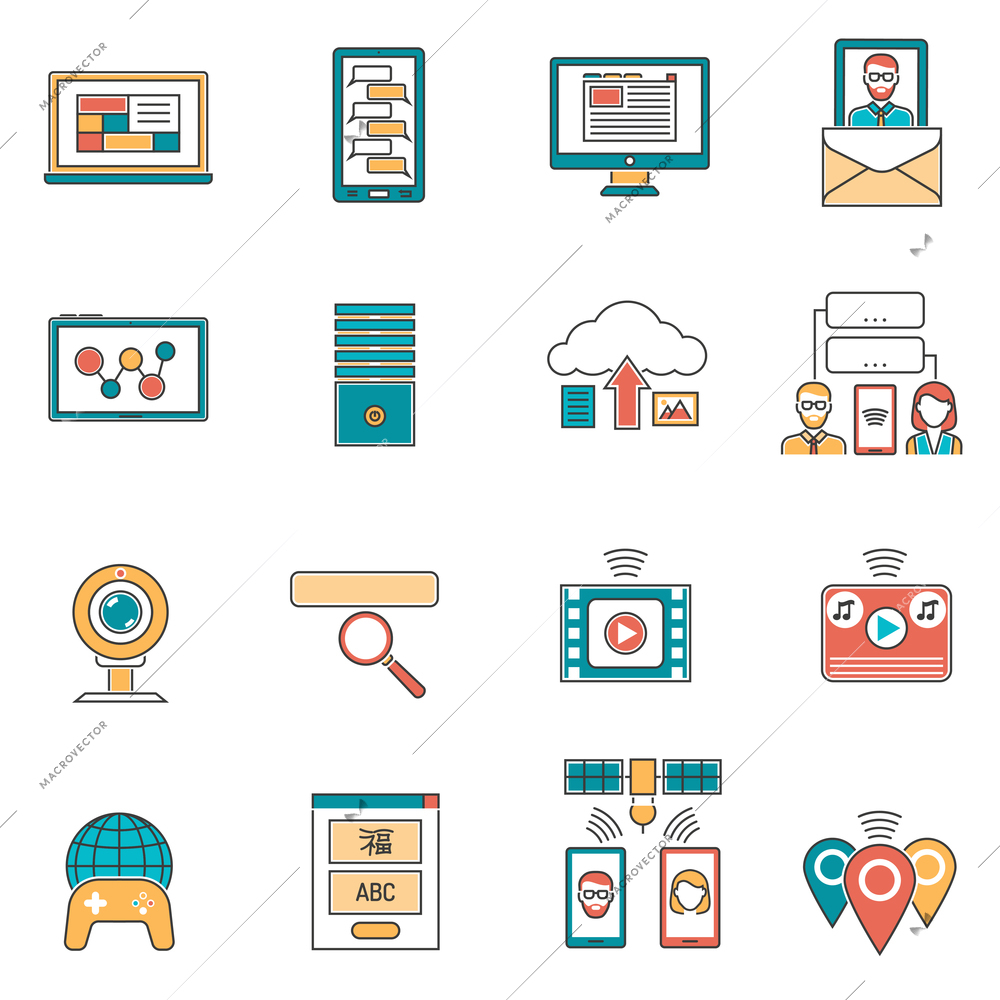 It and online communication icons line set isolated vector illustration