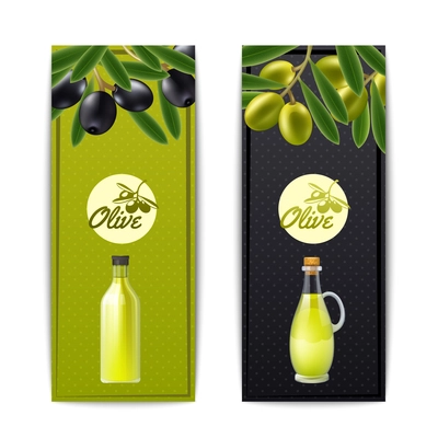 Olive oil bottle and pourer with black and green olives vertical banners set abstract isolated vector illustration