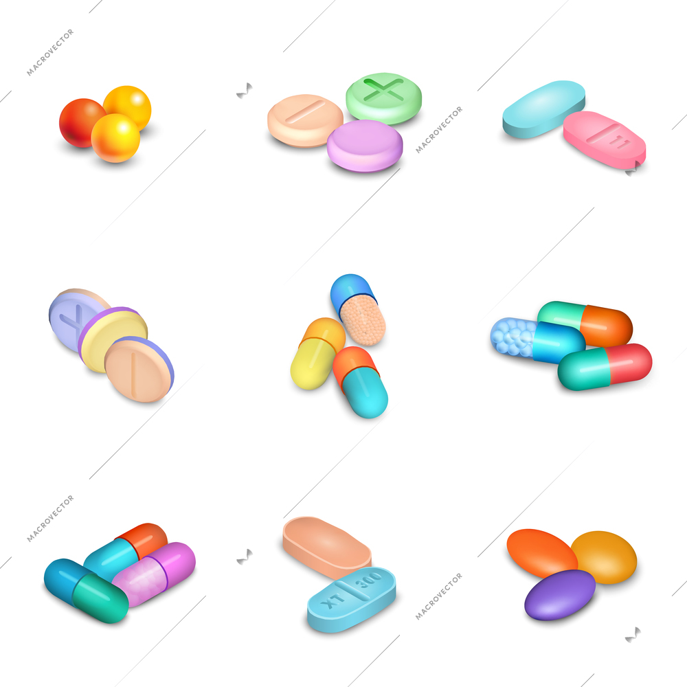 Realistic pills and capsules in different colors icons set isolated vector illustration