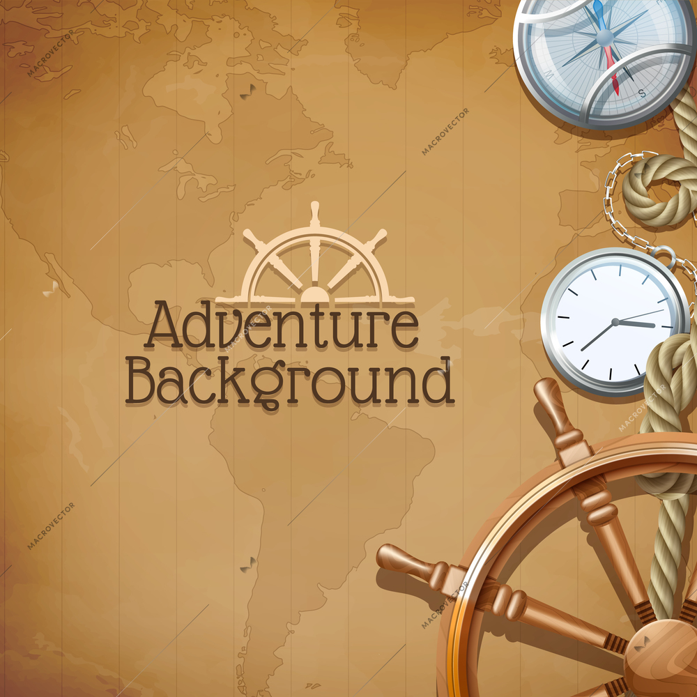 Adventure poster with retro sea navigation symbols and world map on background vector illustration