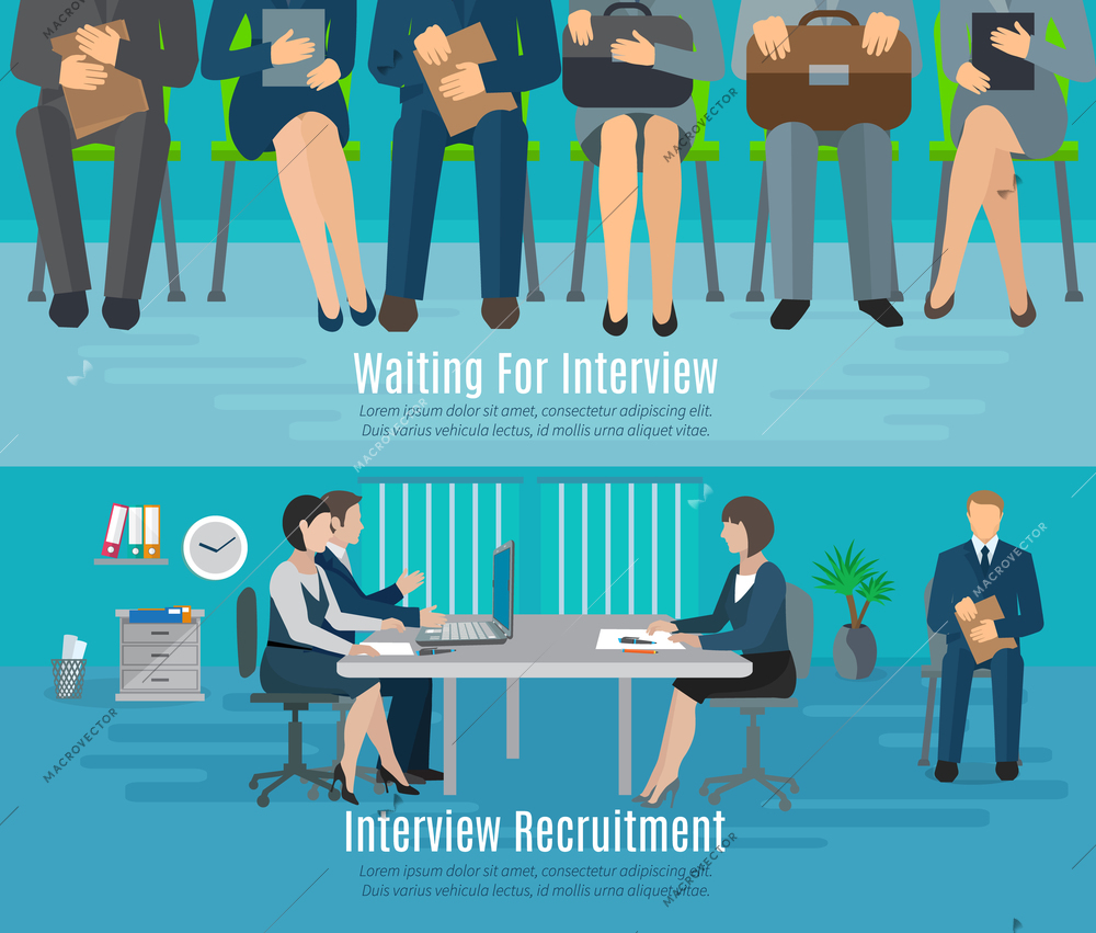 Hiring process horizontal banner set with people waiting for recruitment interview flat elements isolated vector illustration