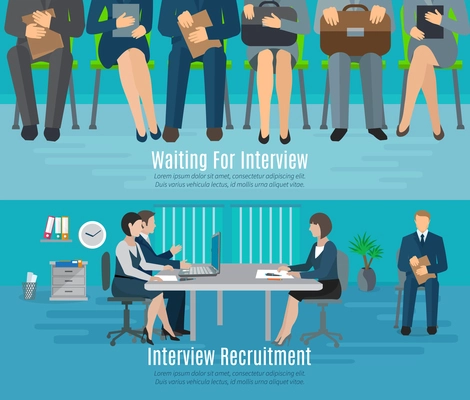 Hiring process horizontal banner set with people waiting for recruitment interview flat elements isolated vector illustration