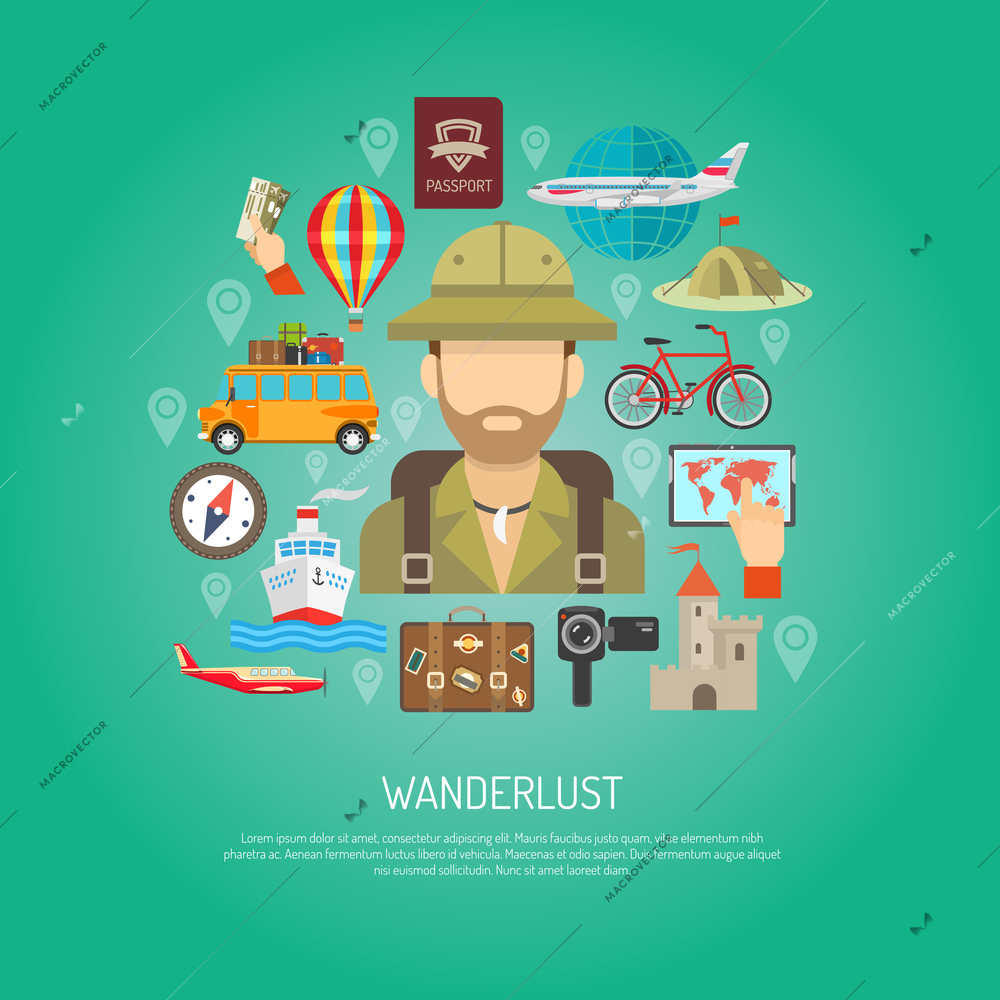 Travel attribution plane ship tent map and wanderlust tourist person flat color concept vector illustration