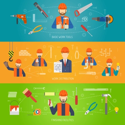 Construction horizontal banner set with flat work tools elements isolated vector illustration