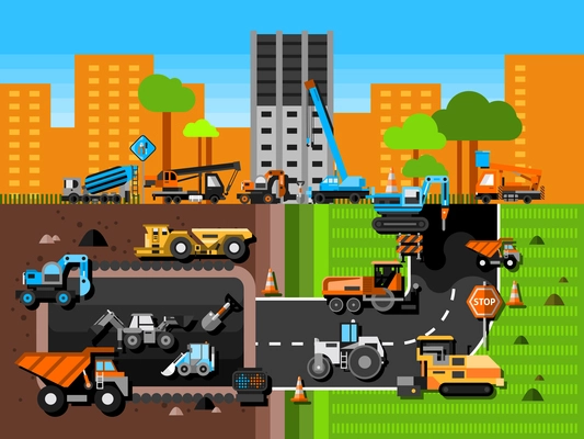 Construction machines and industry composition with excavator crane and mining in city flat vector illustration