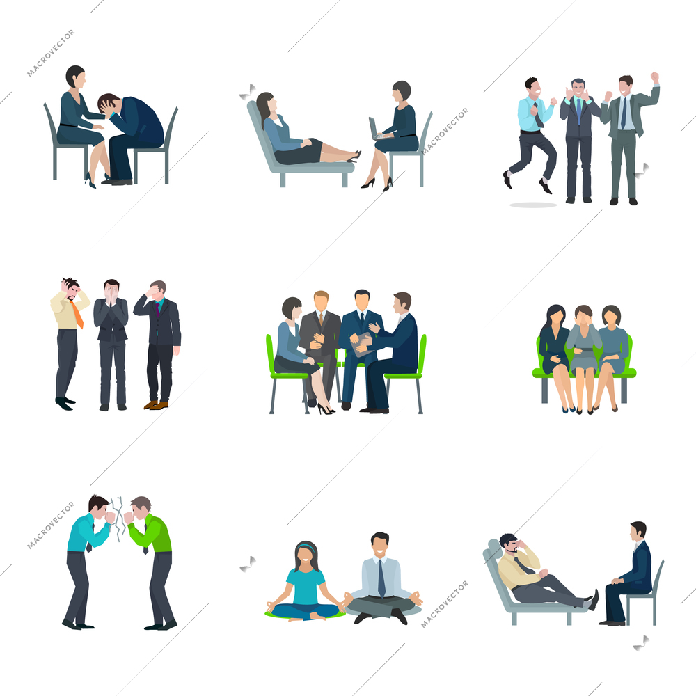 Mental health maintaining methods of group therapy and psychoanalytic appointment flat icons set abstract isolated vector illustration