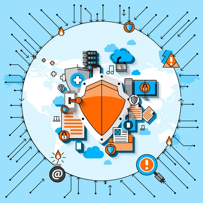 Data security line concept with map shield and computer flat vector  illustration