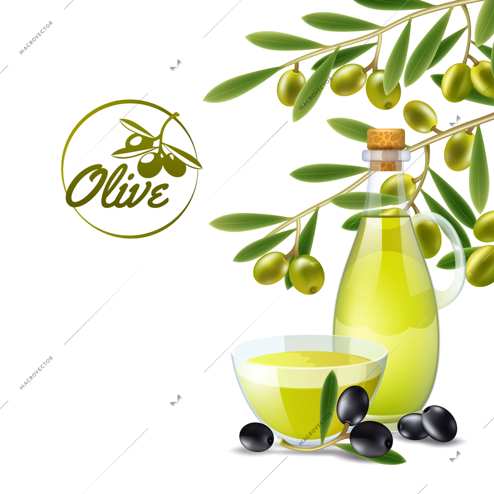 Olive oil pourer with branch of green olives decorative background poster print abstract vector illustration