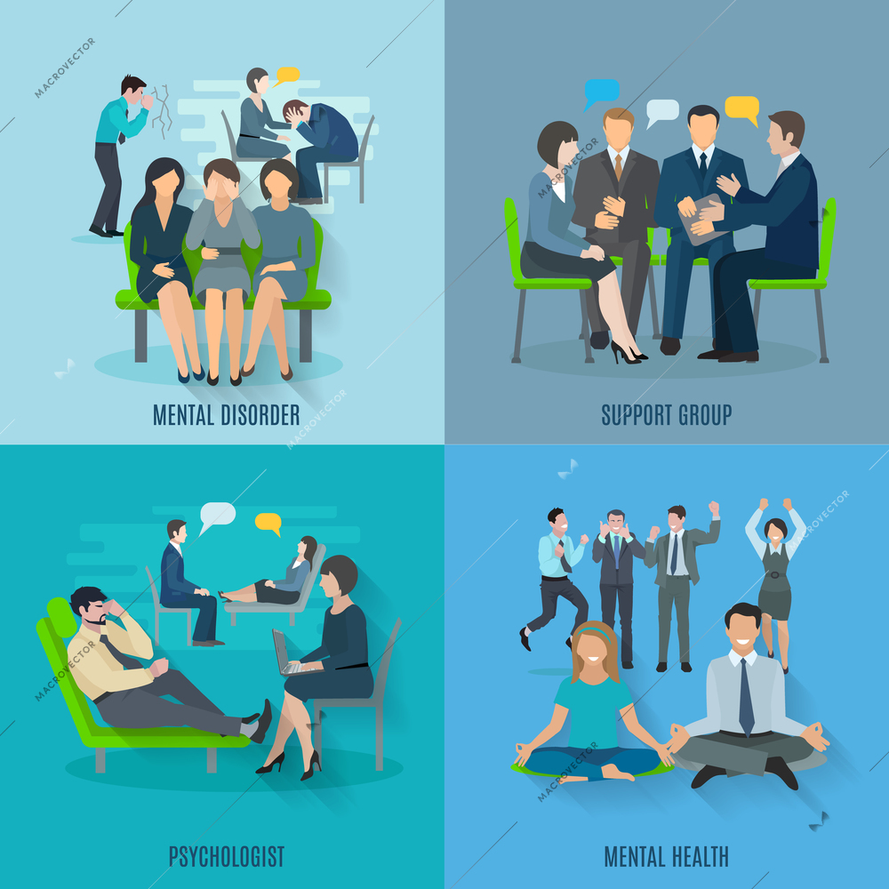 Mental disorder treatment by psychologist and support group 4 flat icons square composition banner abstract isolated vector illustration.  Editable EPS and Render in JPG format